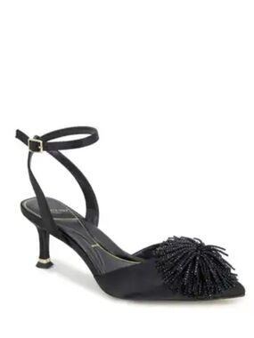 Kenneth Cole New York Umi Pom Pom Pumps, Black Satin. size 7.5, NEW with Box
